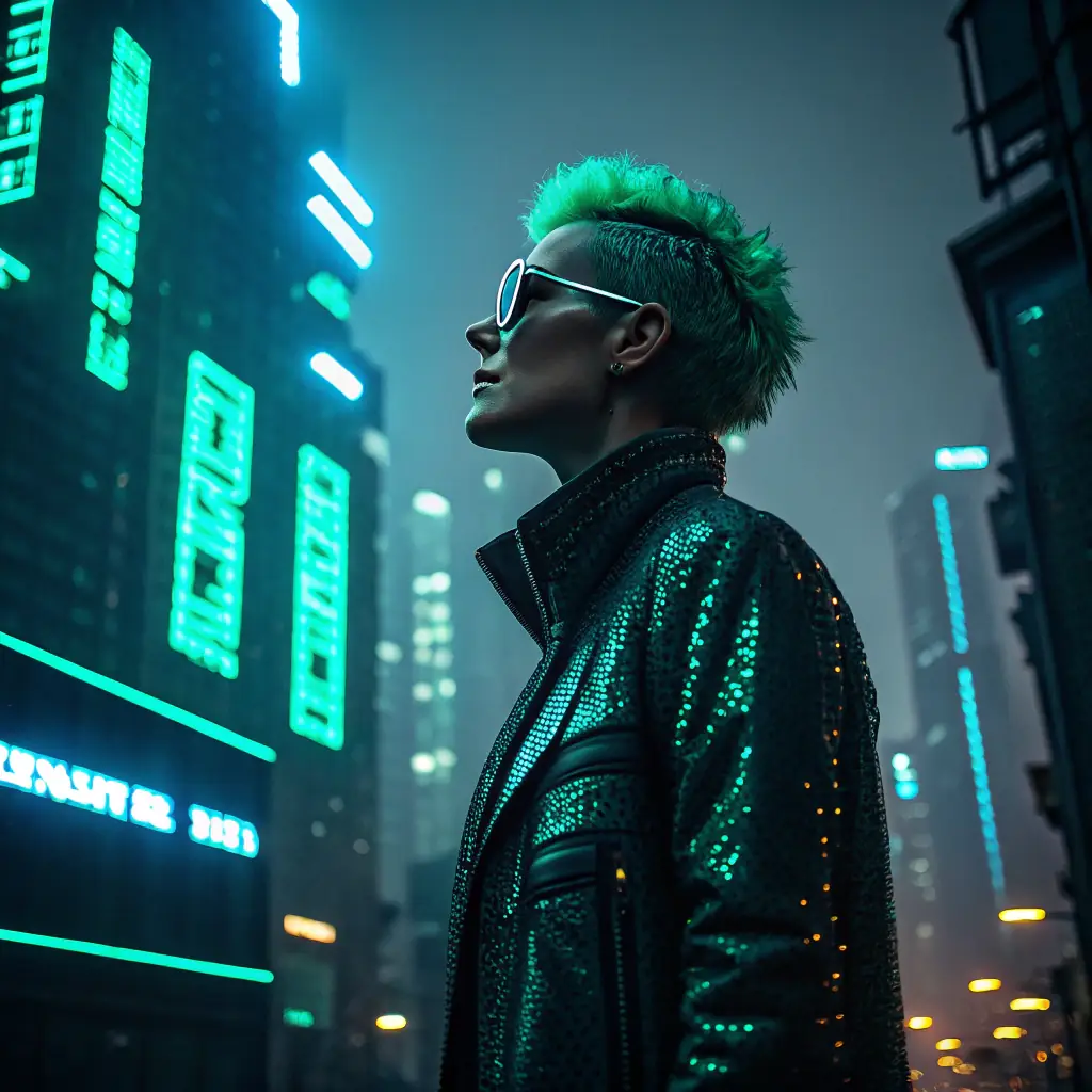 Aiko has short, vibrant pink hair and wears futuristic glasses that display real-time data streams.