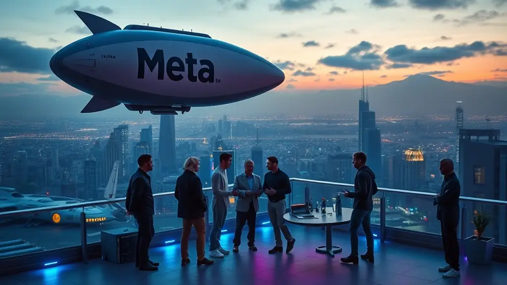 A dynamic scene featuring a rooftop meeting with a meta blimp, parked X Wing fighter, Google, X, Yahoo, Bing, LinkedIn with R2, a shining OmegaQube with sun rays reflecting off its surface, an AI robot team, SEO experts, Yext, Birdseye, and various directories, illustrating OmegaQube's futuristic and comprehensive digital ecosystem.