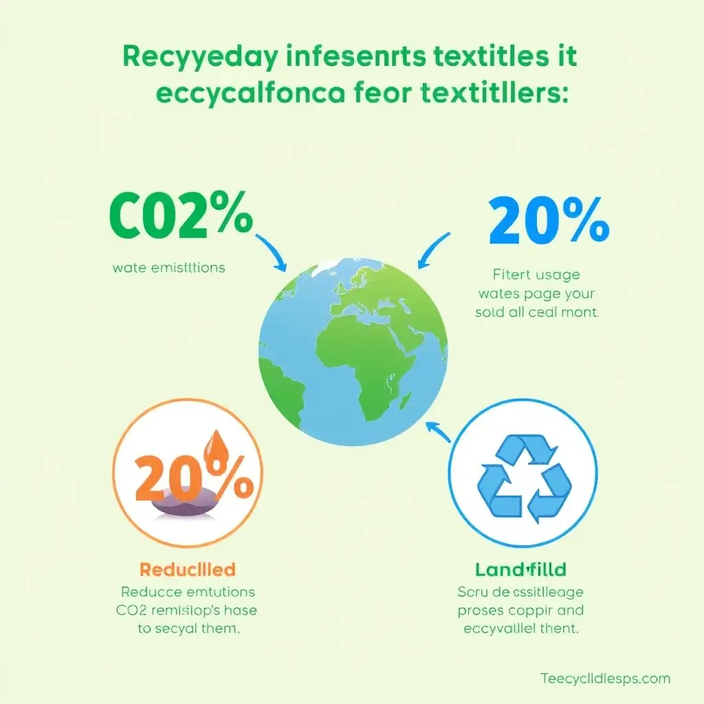 An infographic showing the positive environmental impact of recycling textiles, including reductions in CO2 emissions, water usage, and landfill waste. The image should convey a sense of environmental responsibility and sustainability.