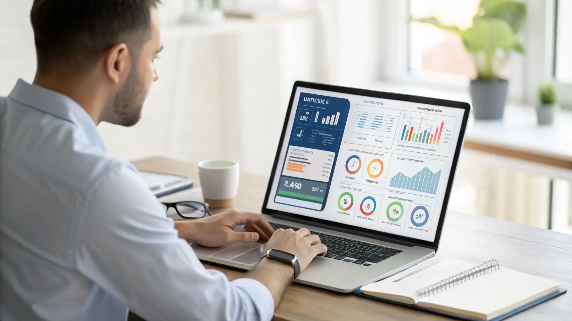 Sales manager viewing stalled pipeline dashboard on desktop in small office