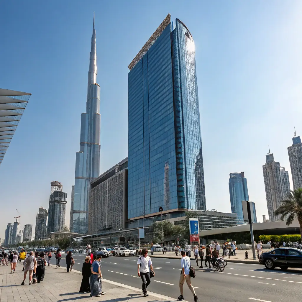A modern, high-rise building in Dubai's skyline, symbolizing the city's booming real estate market and investment opportunities. The image should convey luxury, growth, and financial prosperity.
