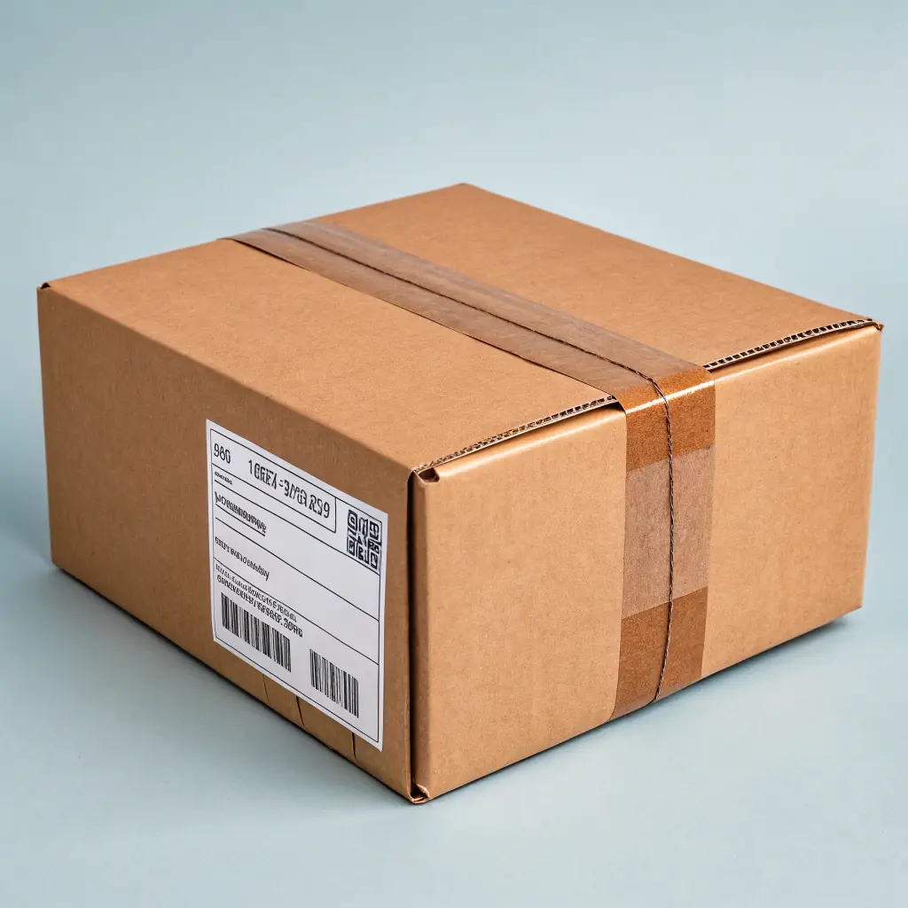 A close-up shot of a plain, nondescript shipping box being sealed with tape, with a subtle focus on the company's logo discreetly placed on the tape.