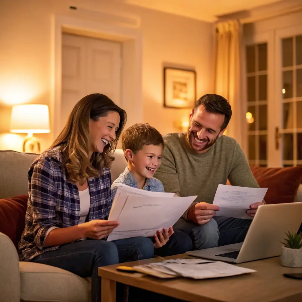 A happy family is sitting on a couch in their living room, smiling and looking at a tablet displaying a financial dashboard. The room is bright and cozy, with soft lighting and plants in the background. The tablet shows charts and graphs indicating financial growth and stability. The overall impression is one of peace, security, and financial clarity.
