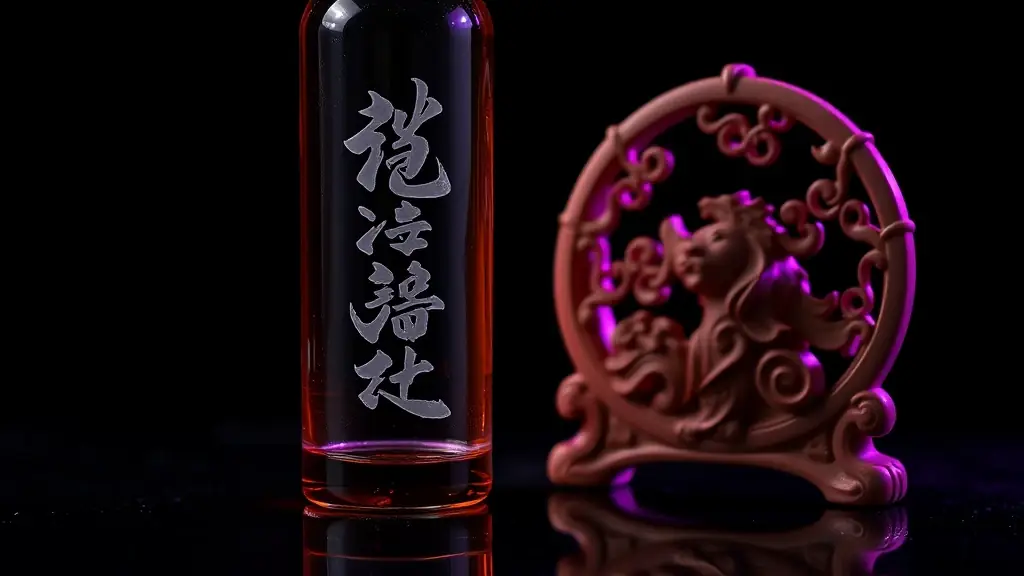 A bottle of Taizi baijiu on a dark background, showcasing its elegant design and the golden liquid inside.