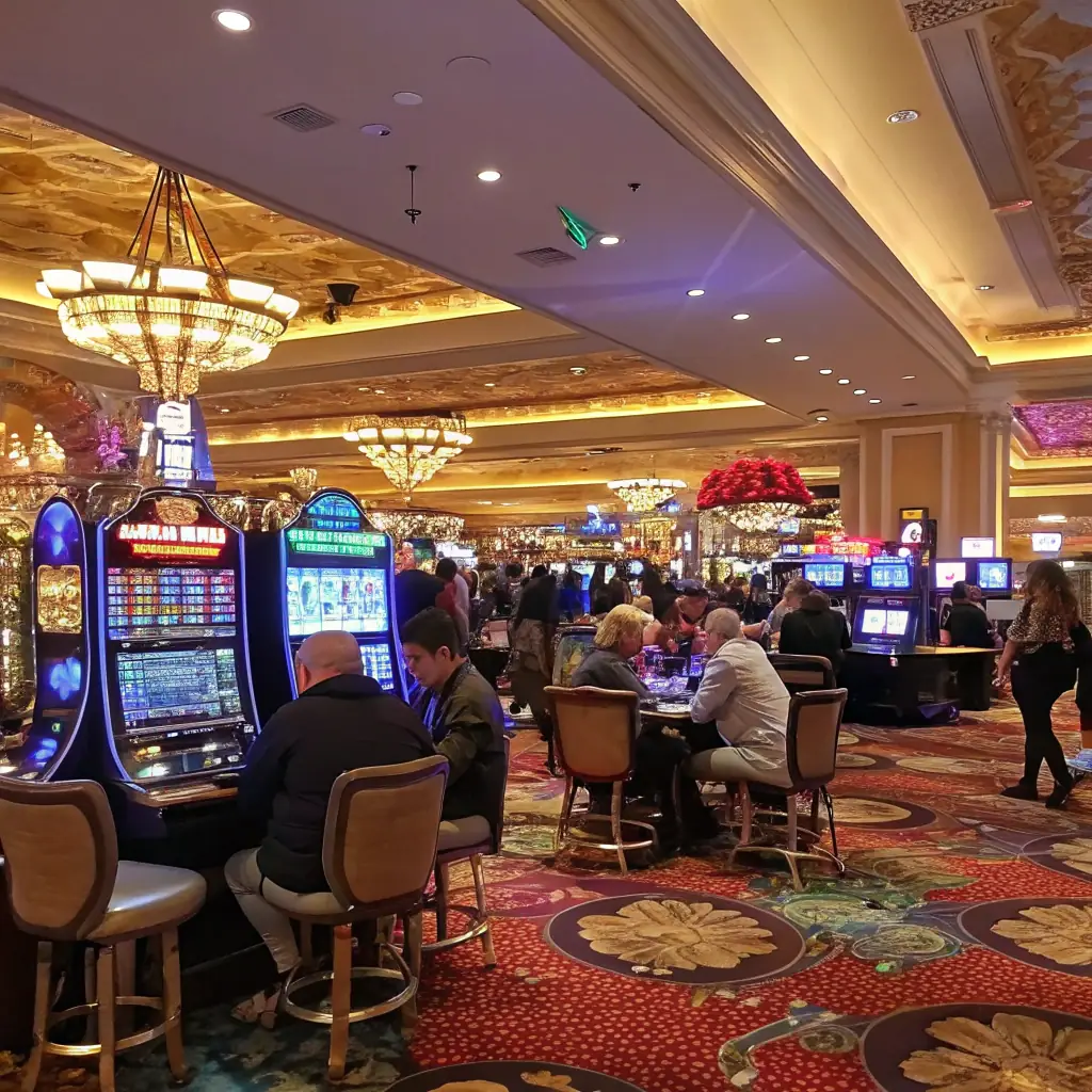 A group of excited tourists inside a luxurious casino, playing various games with enthusiasm and joy. The scene captures the vibrant atmosphere and the thrill of the casino experience.