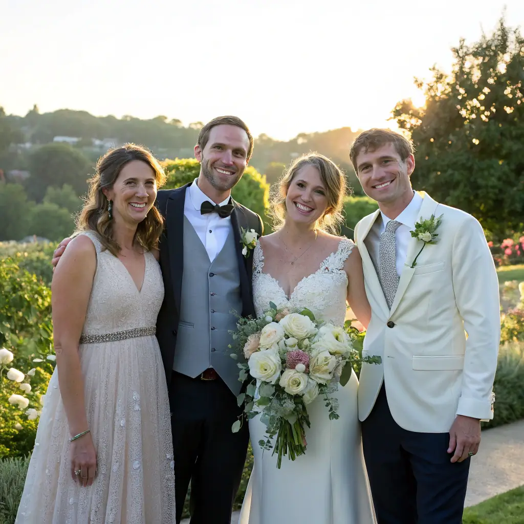 A warm, friendly celebrant standing with a couple in a picturesque outdoor setting in Kent, with rolling green hills and a historic church spire in the background, conveying a sense of local expertise and personal connection.