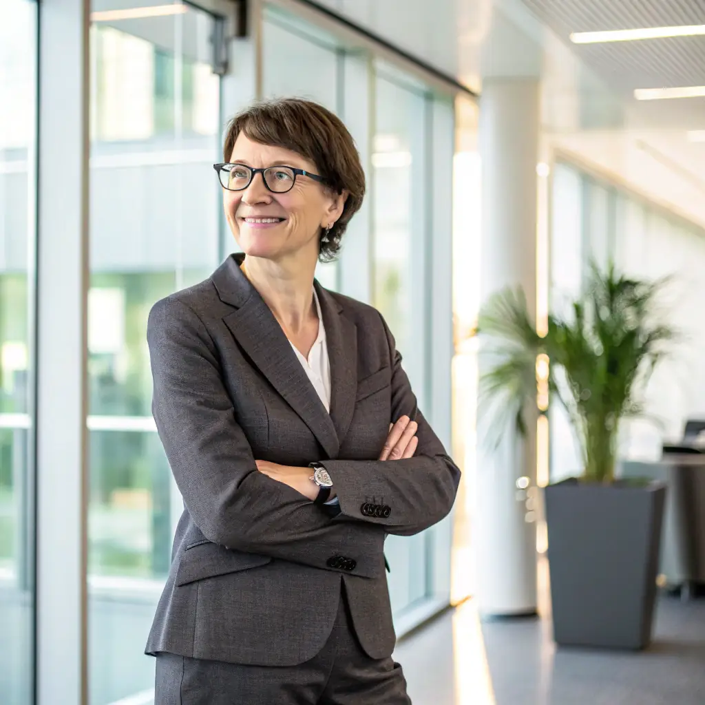 A professional woman with short brown hair and glasses, wearing a business suit.