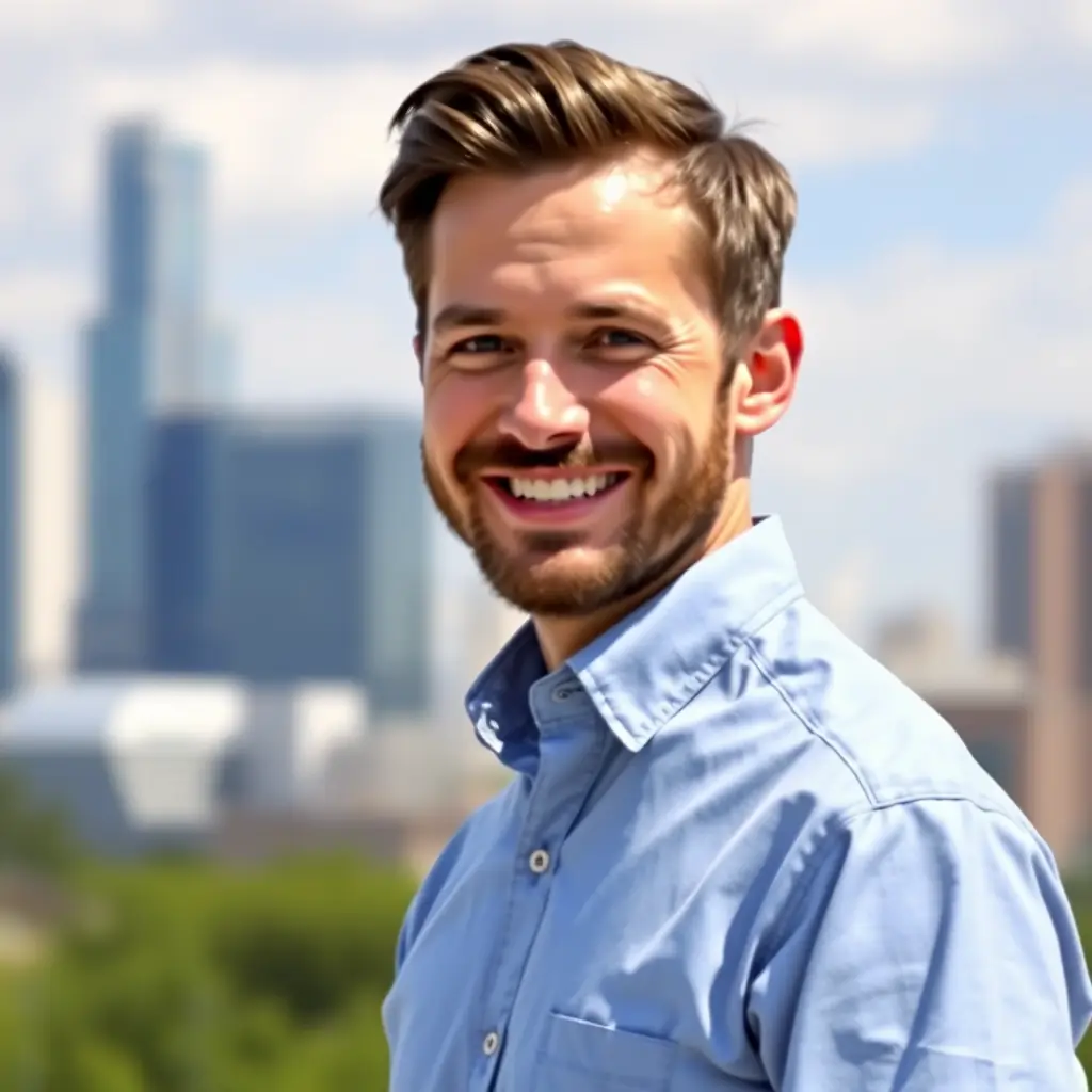 A man with a beard and short dark hair, wearing a button-down shirt.