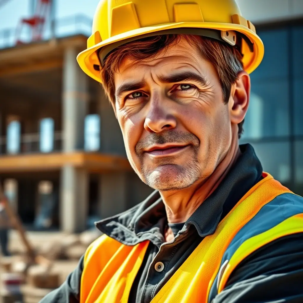 A man with short gray hair and a serious expression, wearing a construction helmet.