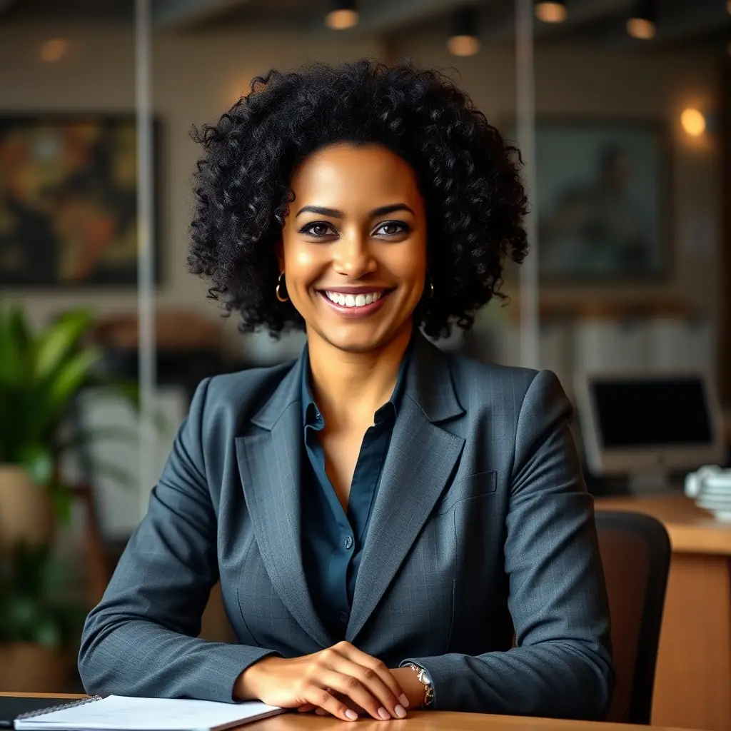 A woman with curly black hair and a bright smile, wearing a professional blouse.