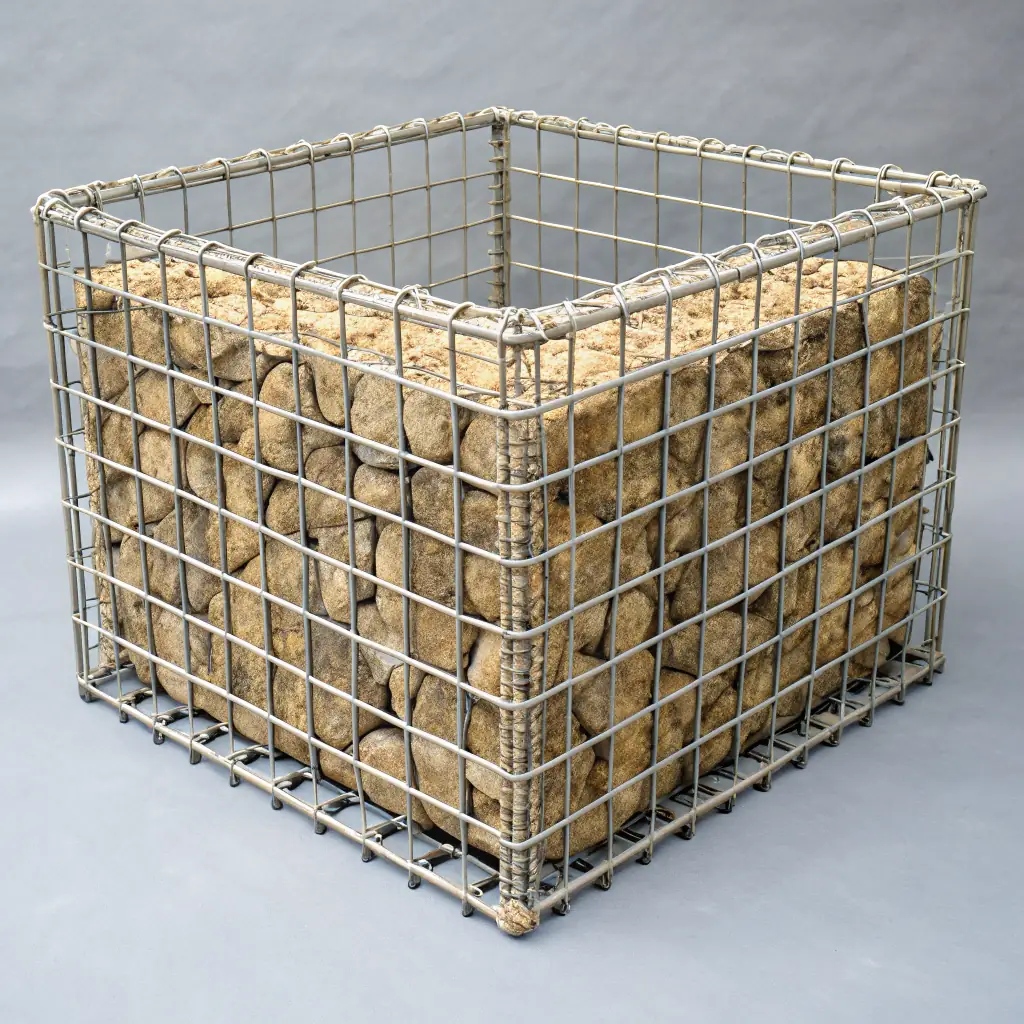 A close-up shot of a gabion wall filled with natural stones, showcasing the metal wire mesh and the structural integrity of the gabion. The image should convey durability and natural integration, suitable for a construction or landscaping context.