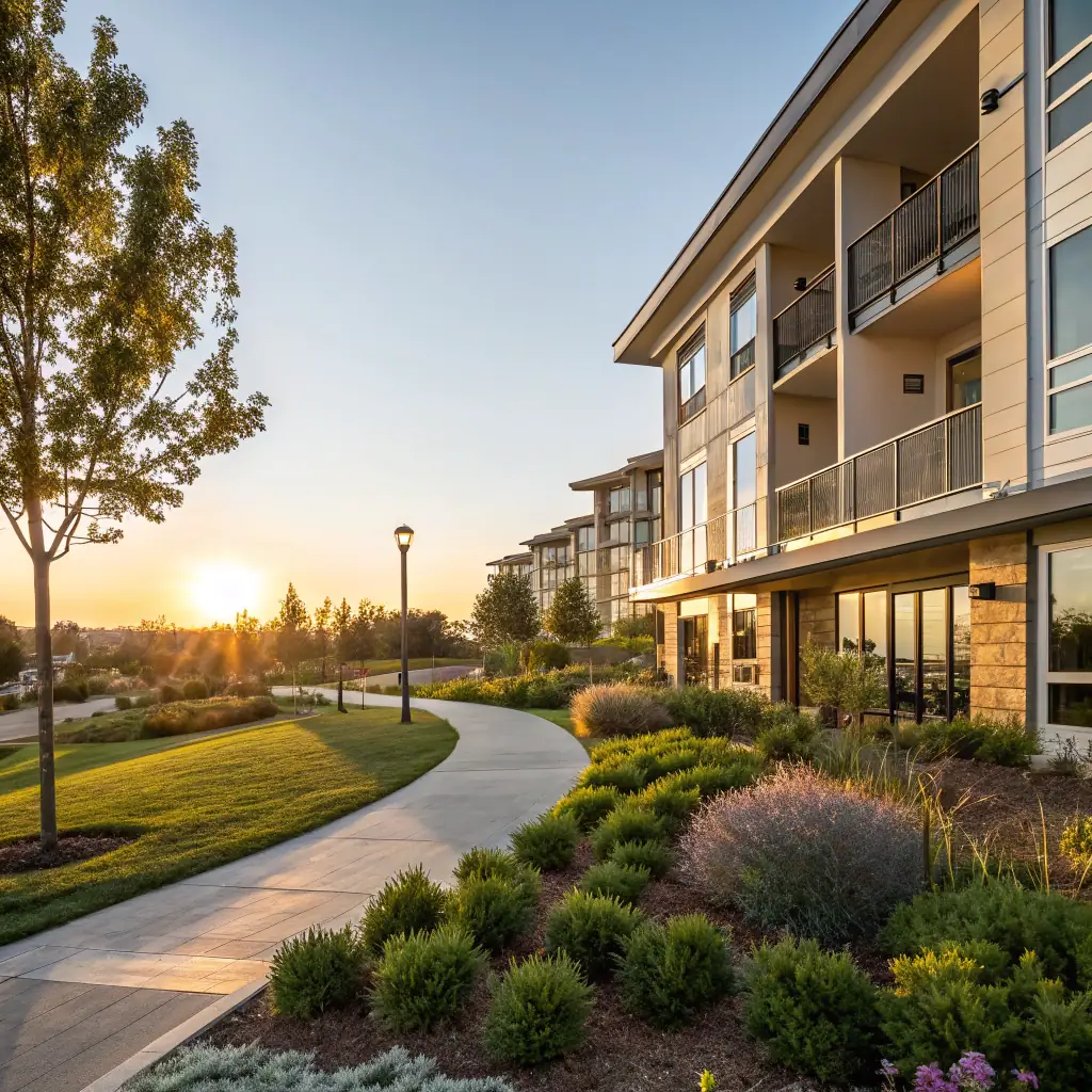 A well-maintained apartment building exterior with lush landscaping, showcasing Renovios' commitment to property upkeep and aesthetic appeal.
