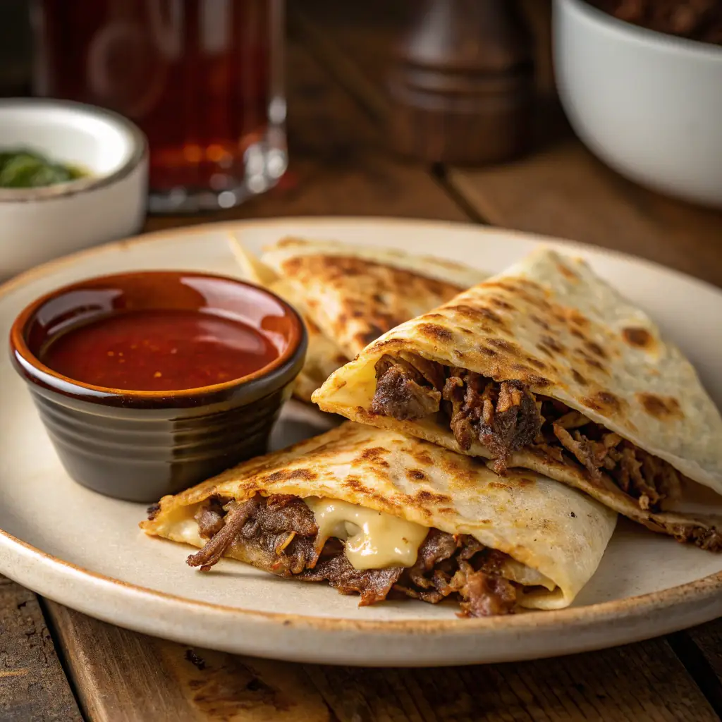 A close-up shot of a golden-brown bean and cheese quesadilla, cut into triangles and arranged on a white plate. The filling is oozing slightly, showing melted cheese and refried beans.