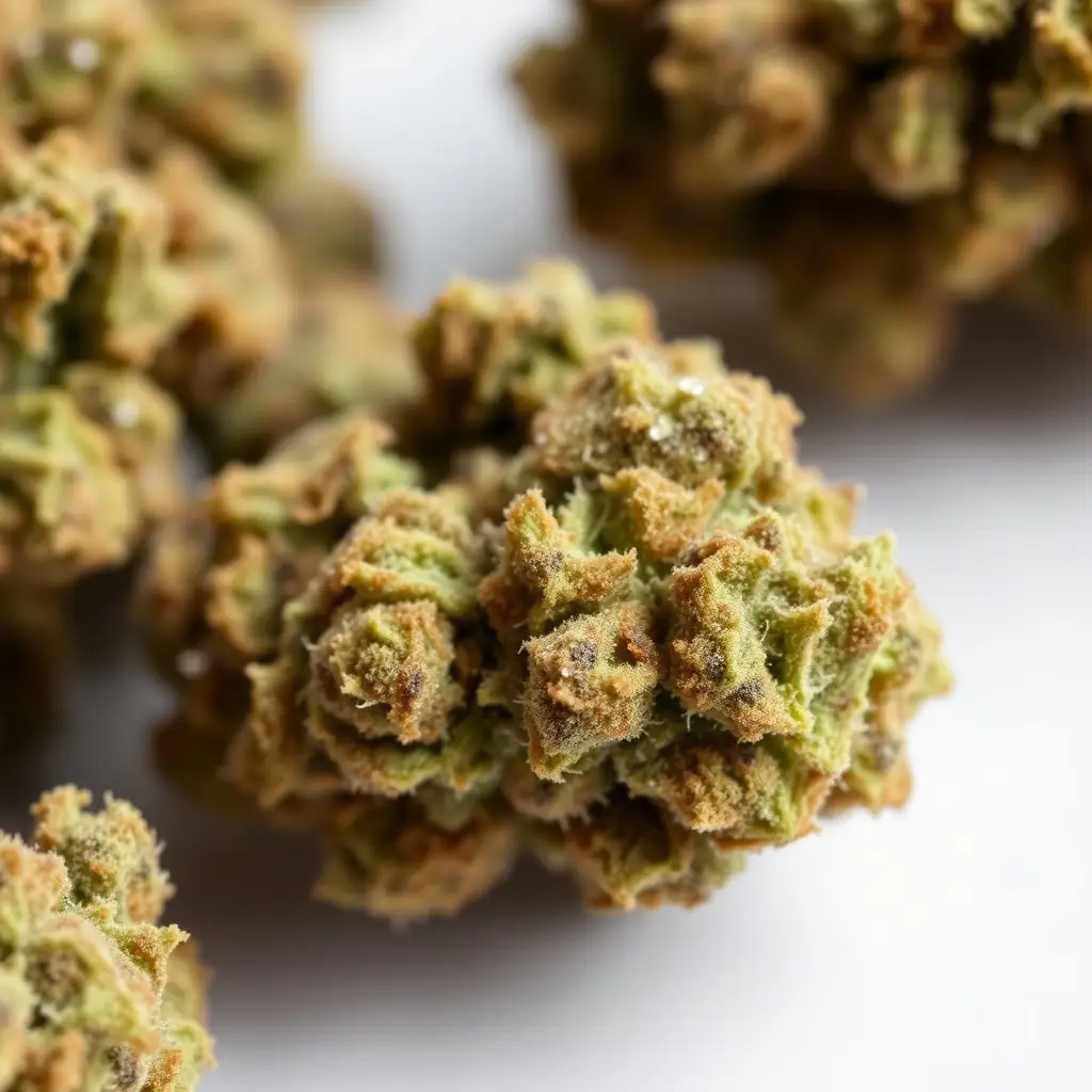 A close-up shot of North Star OG cannabis flower, showcasing its resin-rich buds and vibrant colors, in a professional studio setting. The image should convey the premium quality and appealing aroma of the strain, enticing customers to purchase from MrGreenDc.