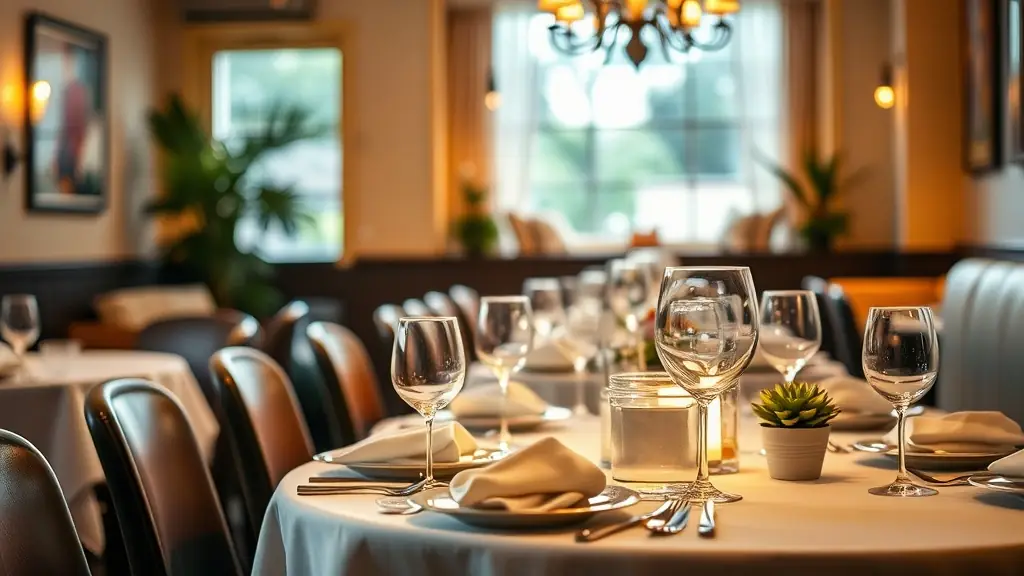 A vibrant image of a beautifully set restaurant table with happy guests enjoying their meal, emphasizing hospitality and quality dining