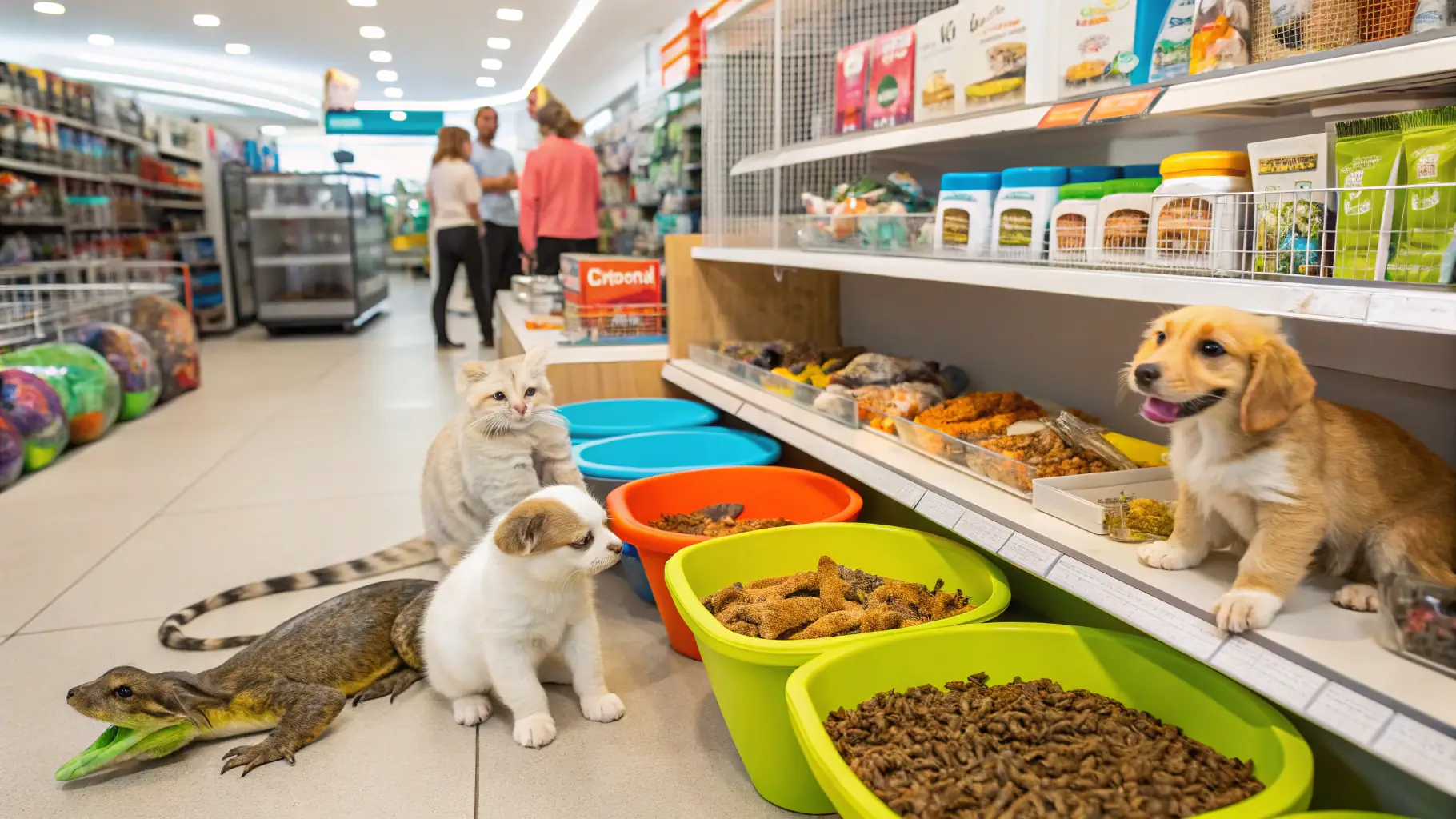 A bright and inviting pet store interior with happy customers and pets browsing the aisles. Shelves are stocked with a variety of pet food, toys, and accessories. A grooming station is visible in the background.