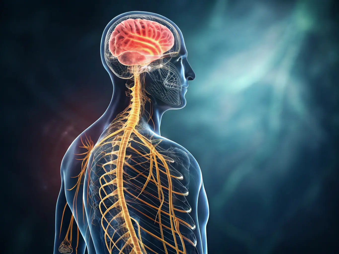 An illustration depicting the nervous system with amplified pain signals, representing the concept of central sensitization in chronic pain.