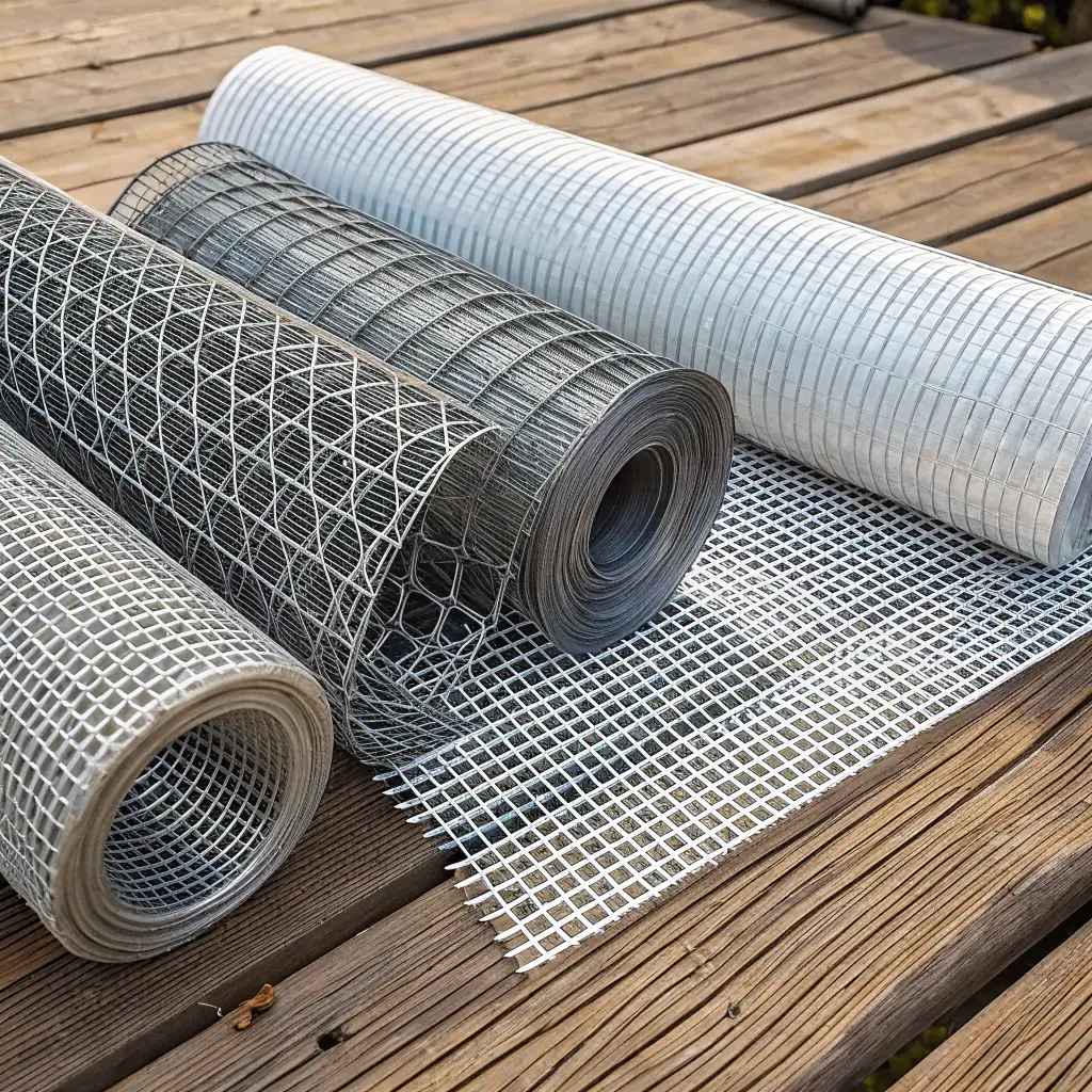 A clean, minimalist image showcasing a variety of high-quality metal wire mesh products manufactured by Mutual Metal Co., Ltd., set against a soft blue background. The image should emphasize the precision and quality of the metalwork, reflecting the company's commitment to European and American aesthetic standards.