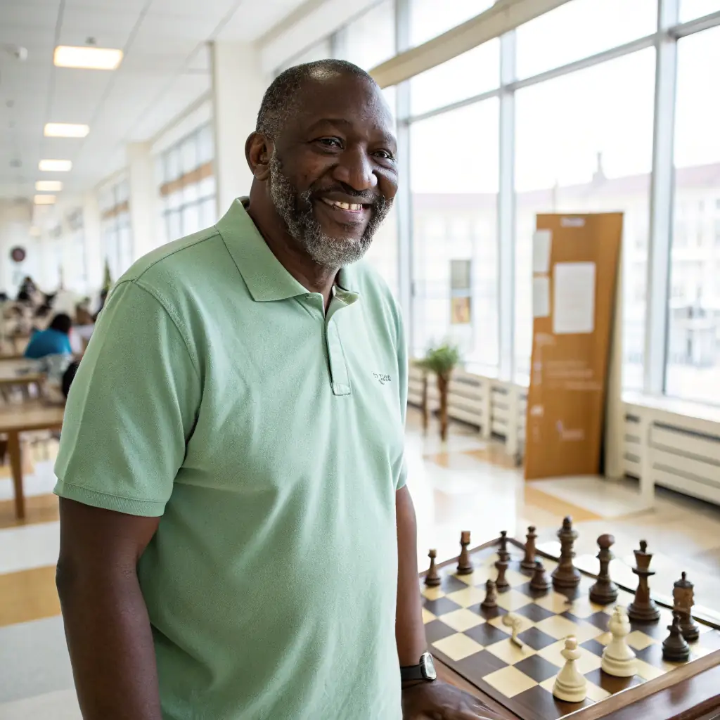Jean-Pierre has short, graying hair and a focused gaze, often seen with a clipboard in hand, observing players intently.