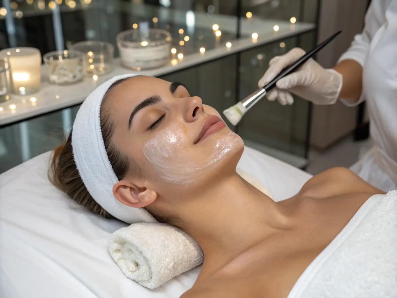 Close-up of a woman's face receiving microneedling treatment, highlighting the skin's texture and the precision of the procedure.
