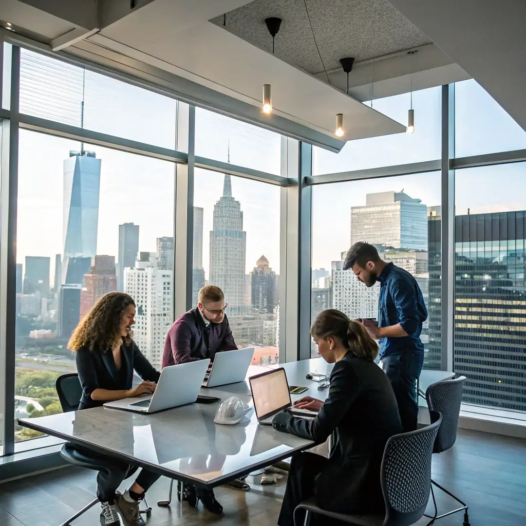 A professional team photo of Meraki Digital founders in a modern office environment, emphasizing collaboration and innovation