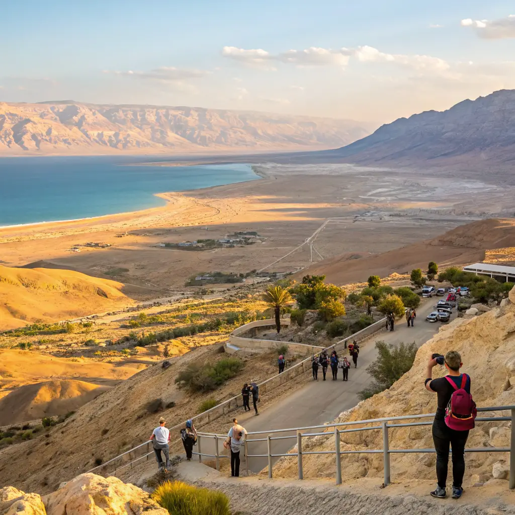 A serene landscape in Israel, such as the Galilee or the Negev desert, with a clearly marked, accessible path. The image should evoke a sense of calm and ease, suitable for slower walkers, with soft, natural lighting and no people in the shot to emphasize personal space and tranquility.