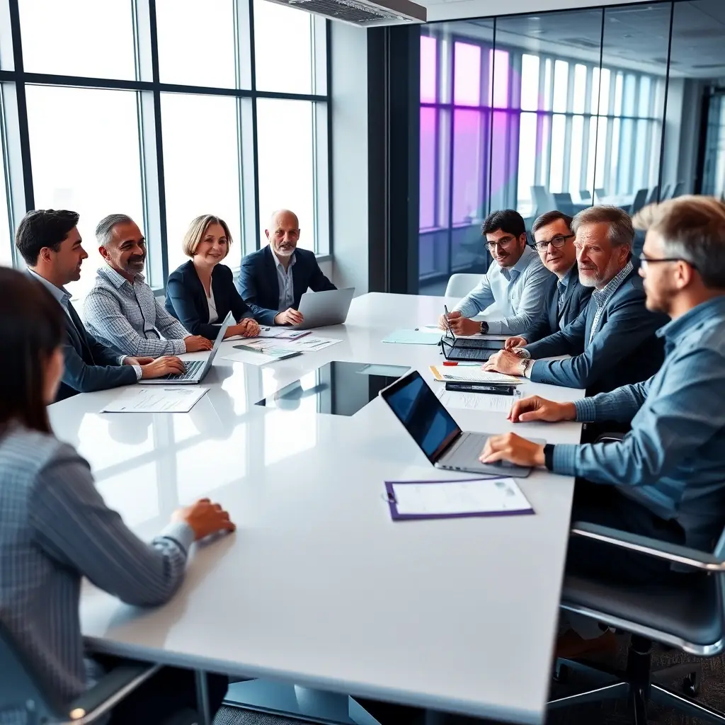 Image of a diverse group of tech executives collaborating in a modern office setting, symbolizing strategic planning and market consolidation.