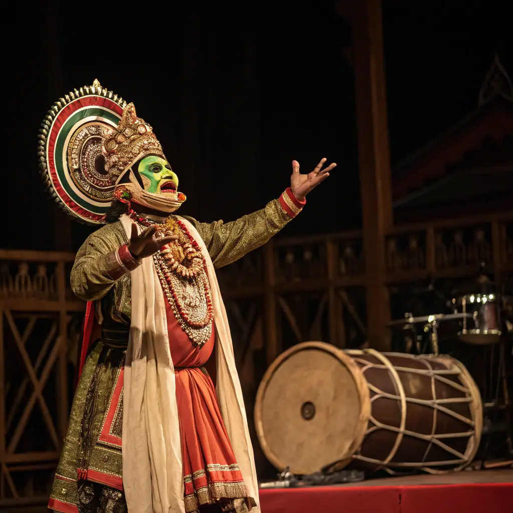 A Kathakali dancer in full costume and makeup, performing a dramatic scene against the backdrop of a traditional Kerala house. The image should convey the vibrancy and artistry of Kathakali.