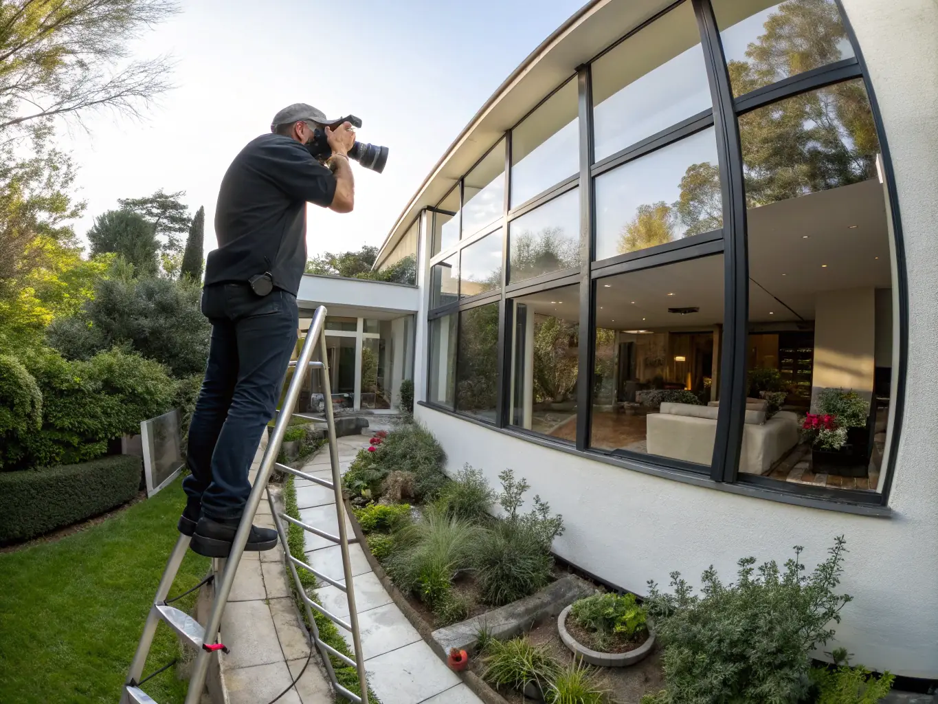 A professional photographer taking photos of a modern house with high-quality equipment, showcasing the property's best features.