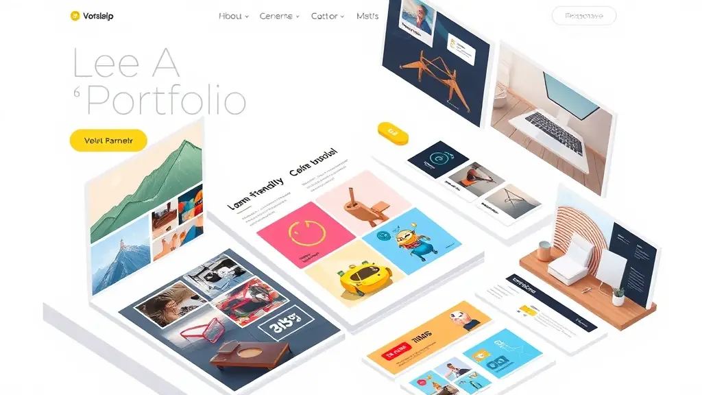 Isometric illustration of a creative portfolio layout showcasing various projects.
