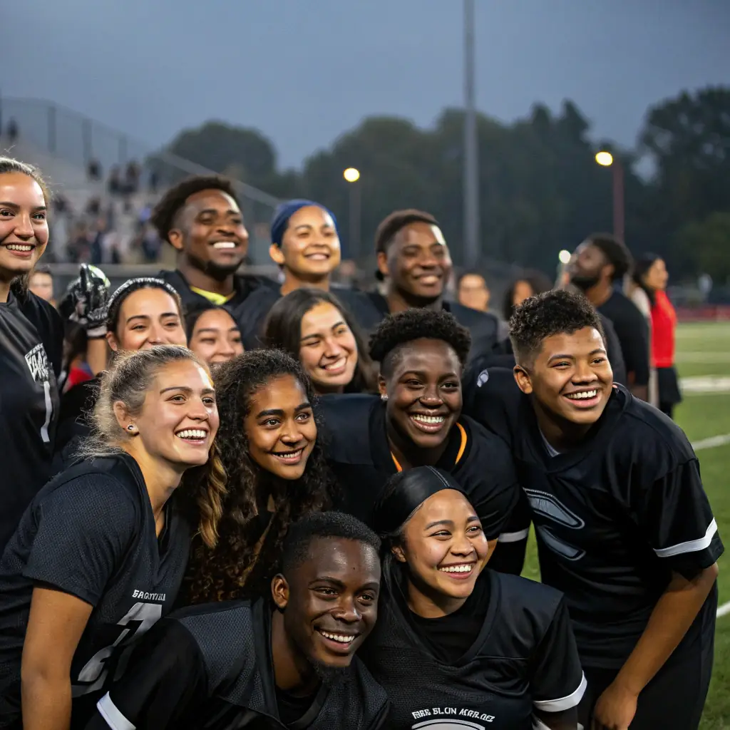 A dynamic image of Michigan Arsenal players celebrating a victory in their arena, capturing team spirit and excitement