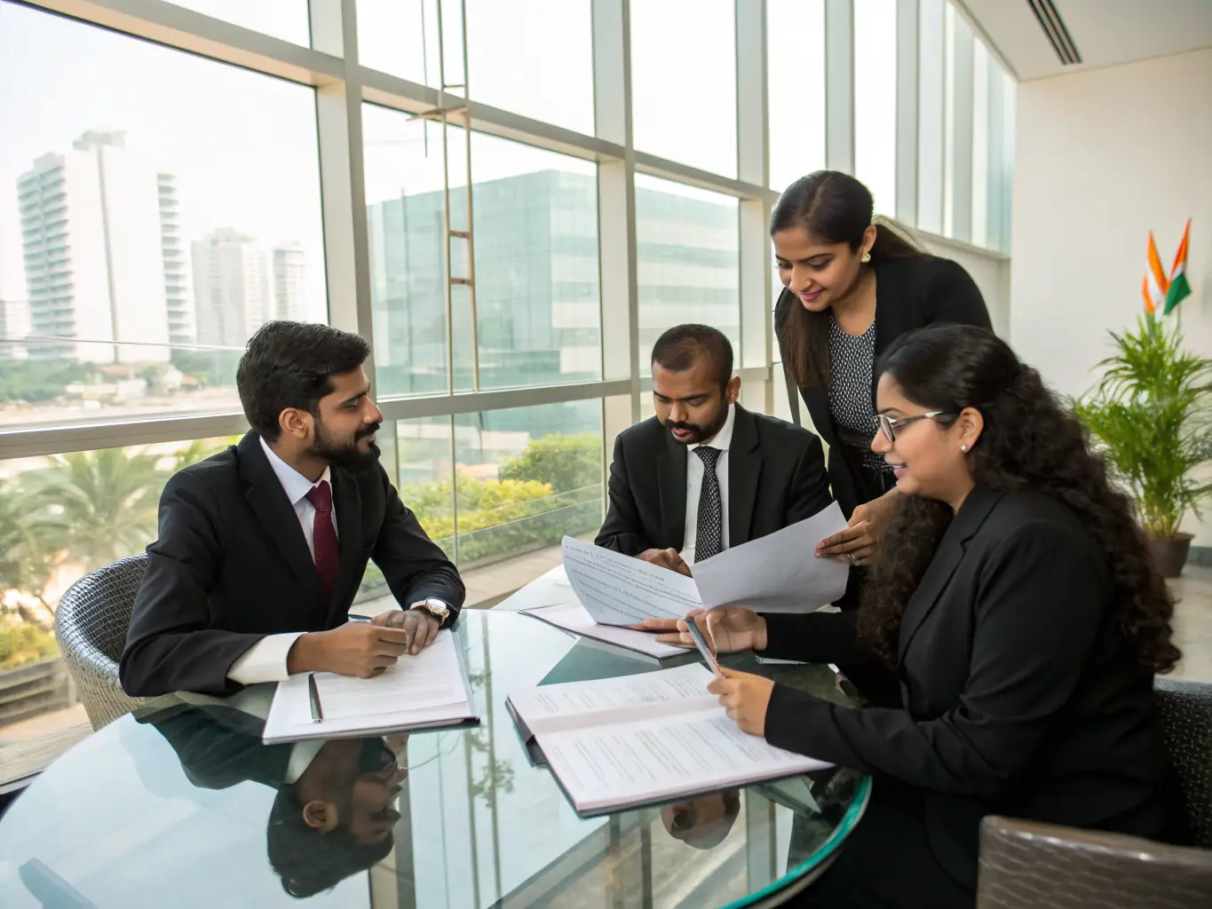 An image depicting a diverse team of legal professionals collaborating in a modern office setting, symbolizing Trustpoint's integrated services and expertise.