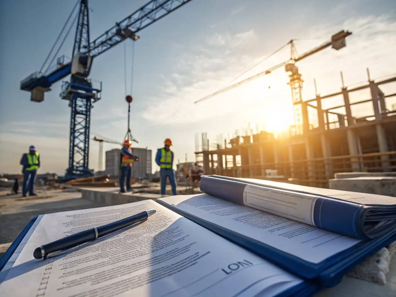 An image showcasing a construction site with legal documents overlaid, representing Trustpoint's expertise in construction improvements that maximize legal outcomes.
