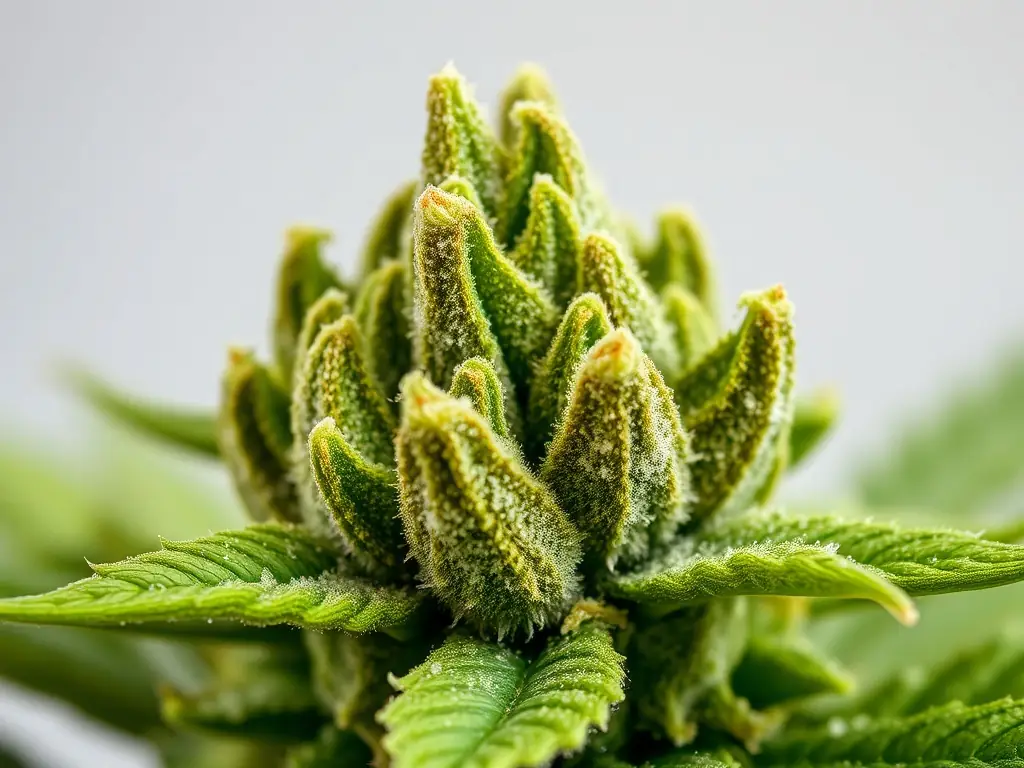 A close-up shot of a vibrant green OG Kush cannabis bud, showcasing its dense trichome coverage and rich color variations.