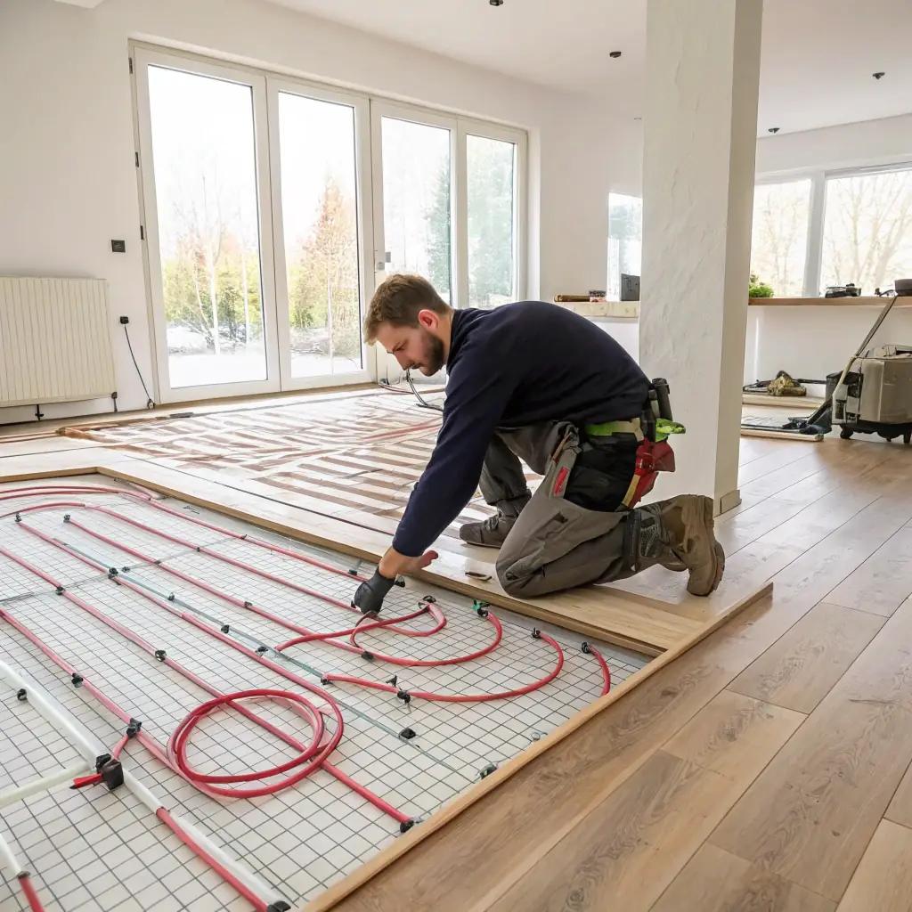 An image depicting a modern radiant floor heating system being installed in a home, with a technician carefully laying the pipes. The scene should convey warmth and comfort, with subtle orange and yellow tones to emphasize the heating aspect.