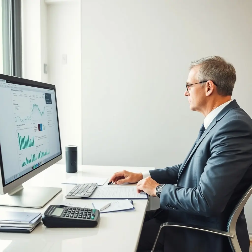 A professional accountant analyzing financial data on a computer in a modern office.