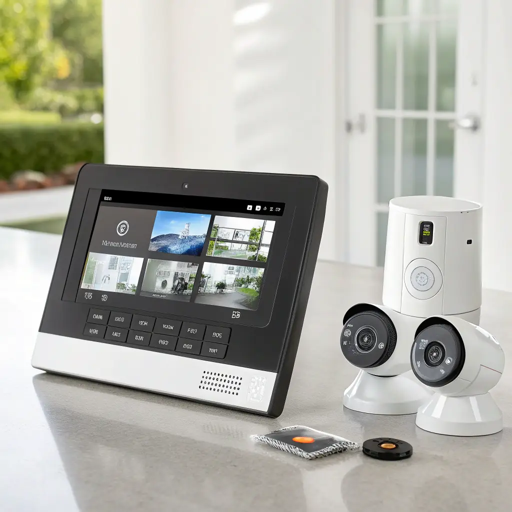 A modern security control panel with various security cameras displayed on a monitor, showcasing integration with multiple brands.