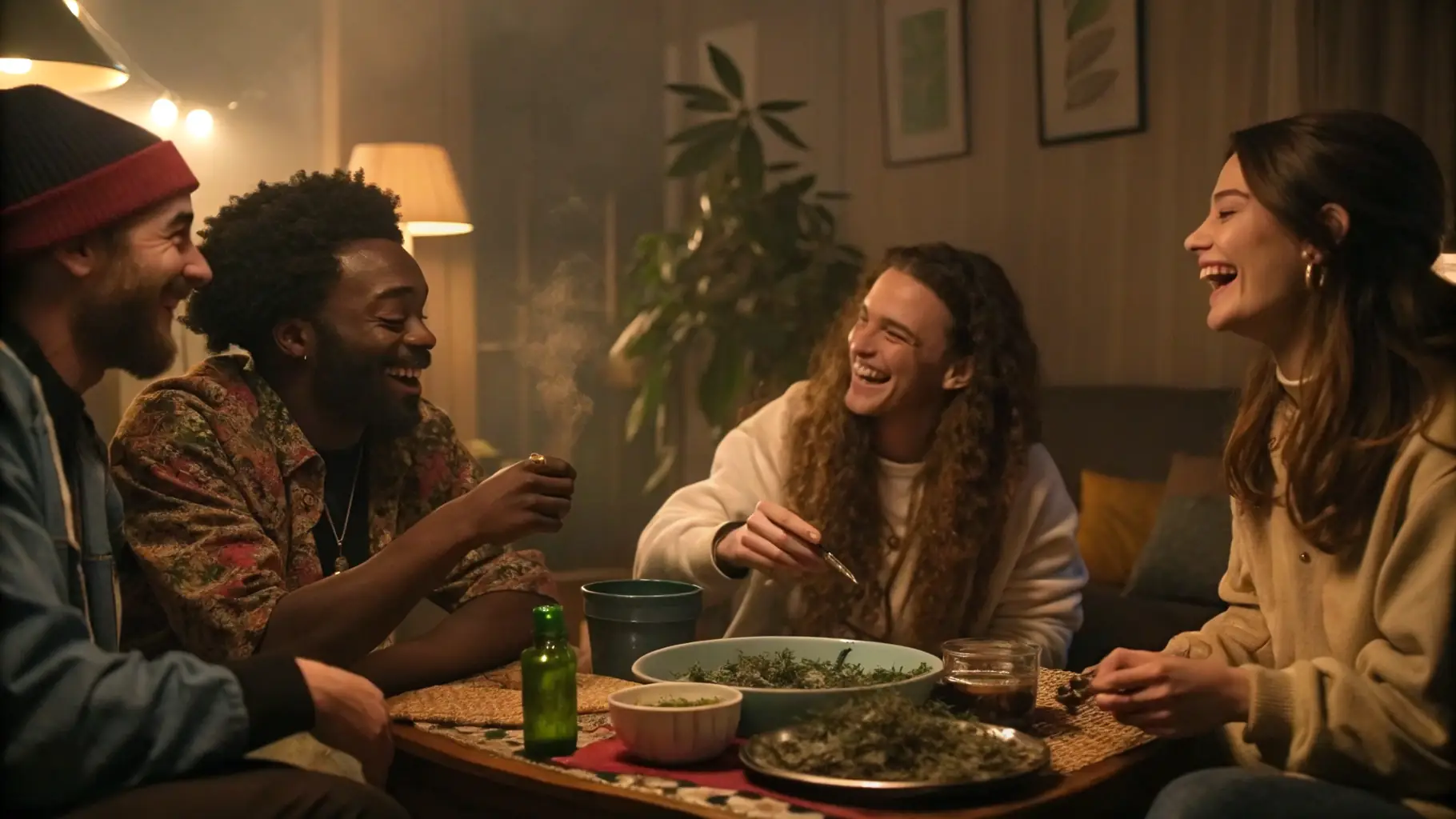 A vibrant community gathering at Green Legacy with people participating in a cannabis educational workshop, surrounded by wellness-themed decor and natural lighting