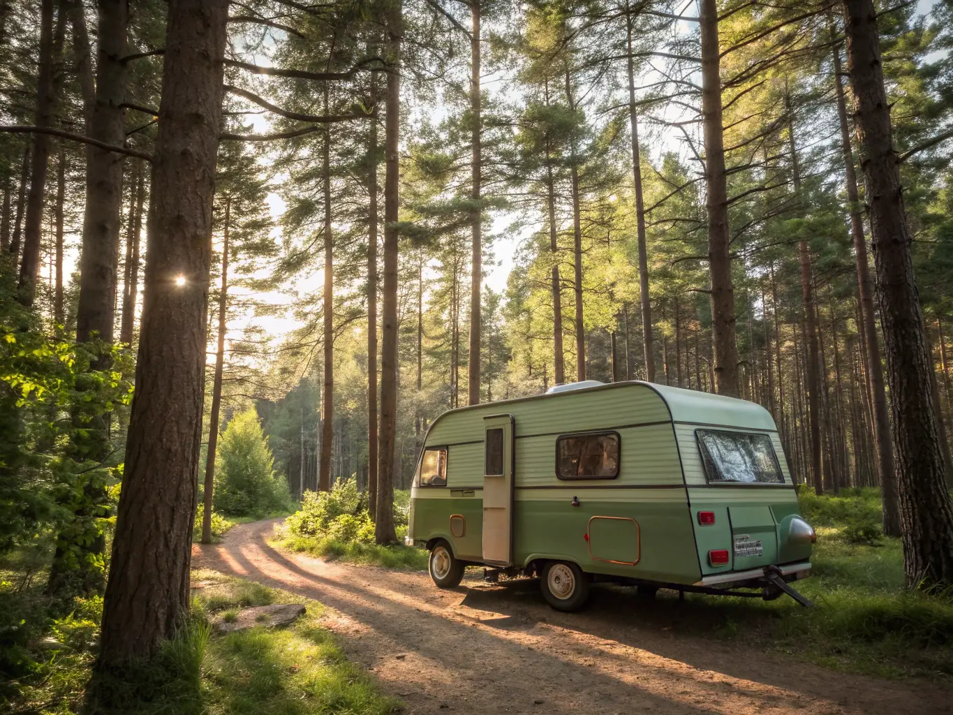 A modern camper van parked in a scenic natural setting in Quebec, Canada, with mountains and trees in the background.