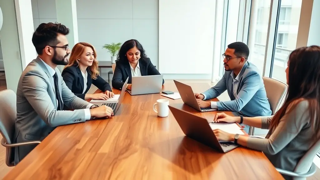 A diverse group of people working together on social media marketing strategies, representing the tailored solutions provided by Omegacube Agency.