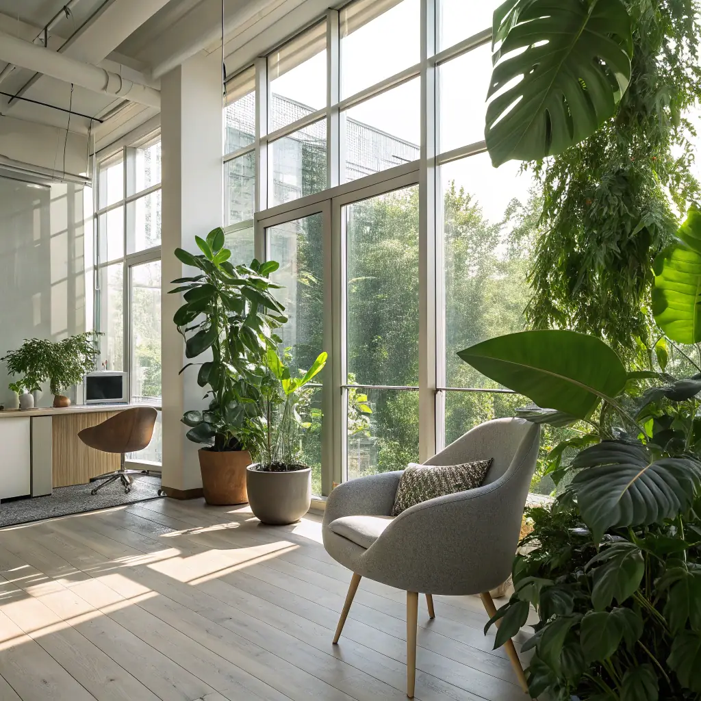 A modern office space filled with lush green plants, creating a vibrant and healthy atmosphere. The image should convey a sense of tranquility and productivity, highlighting the benefits of incorporating nature into the workplace. Focus on the plants and their positive impact on the environment.