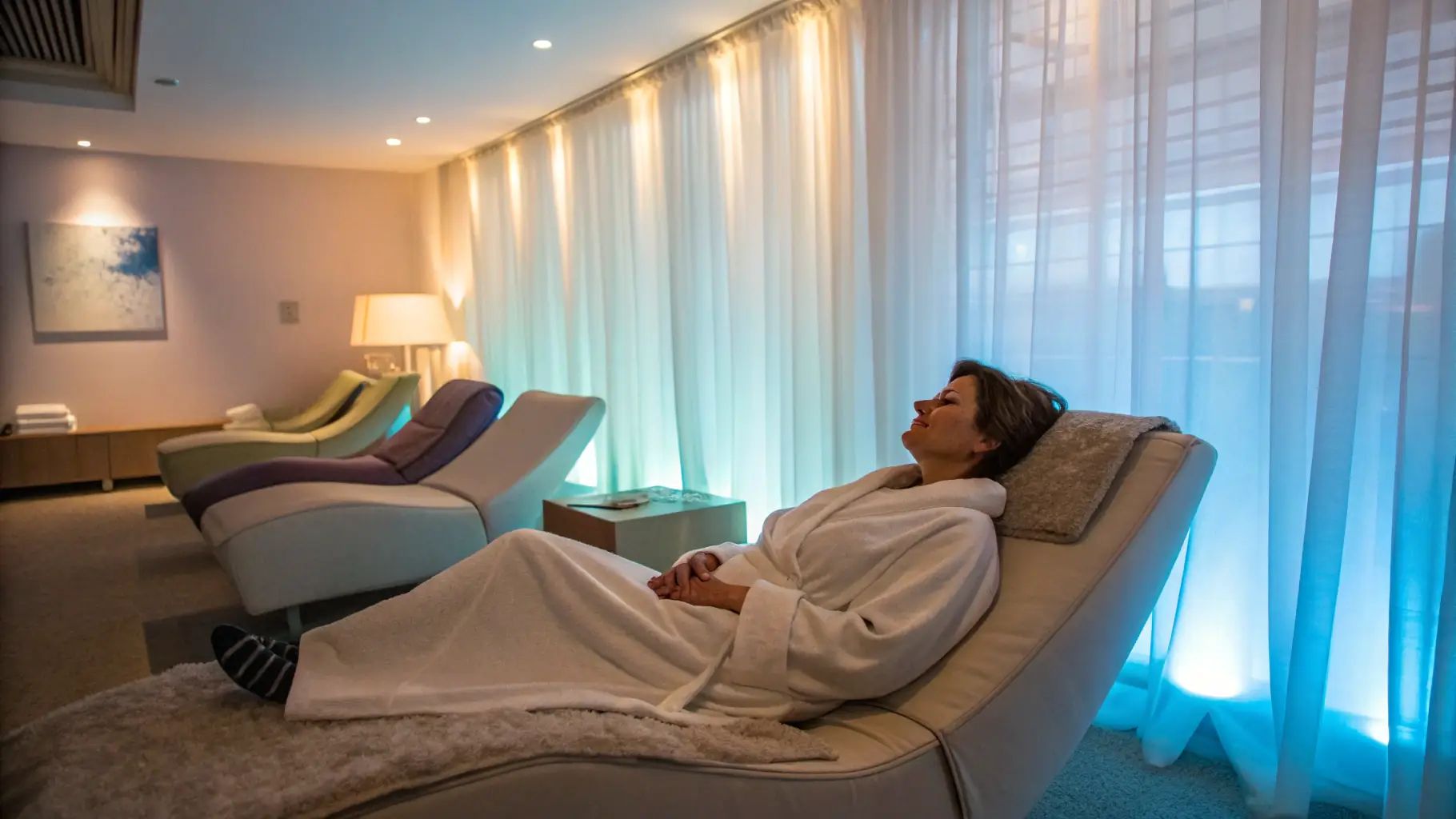 A serene image of a person in a relaxed pose, receiving microcurrent therapy. The setting is a calming, natural light-filled room, emphasizing the holistic and non-invasive nature of the treatment. The focus is on conveying a sense of peace, well-being, and connection to one's body.