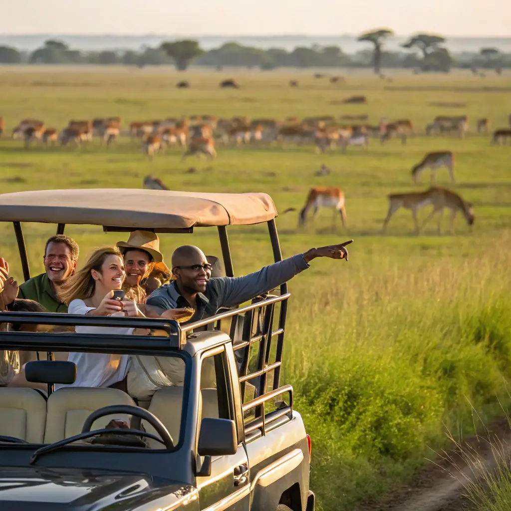 A vibrant image showcasing a diverse group of travelers on safari in the Serengeti, witnessing the Great Migration. The image should convey excitement, adventure, and the unique experience offered by Travel Africa.
