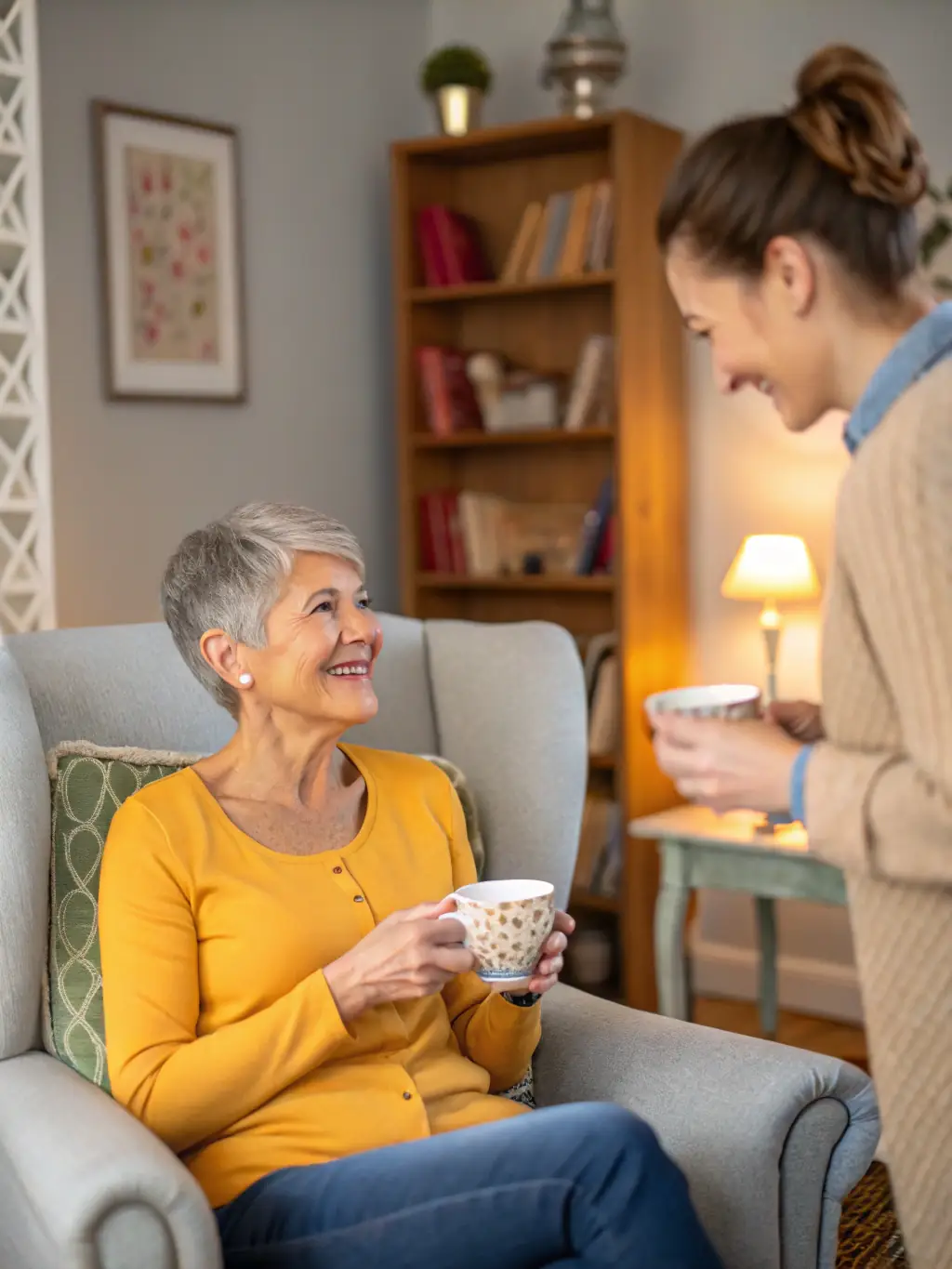 A smiling elderly woman sitting comfortably in her living room, chatting with a friendly caregiver who is pouring tea. The setting is bright, warm, and homey, conveying trust and companionship.