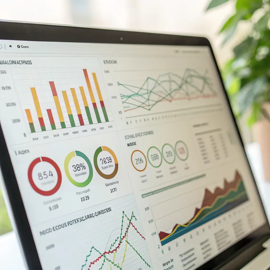 Abstract data visuals with soft charts displaying positive health trends, clean and minimal design, representing metabolic markers and habit consistency.