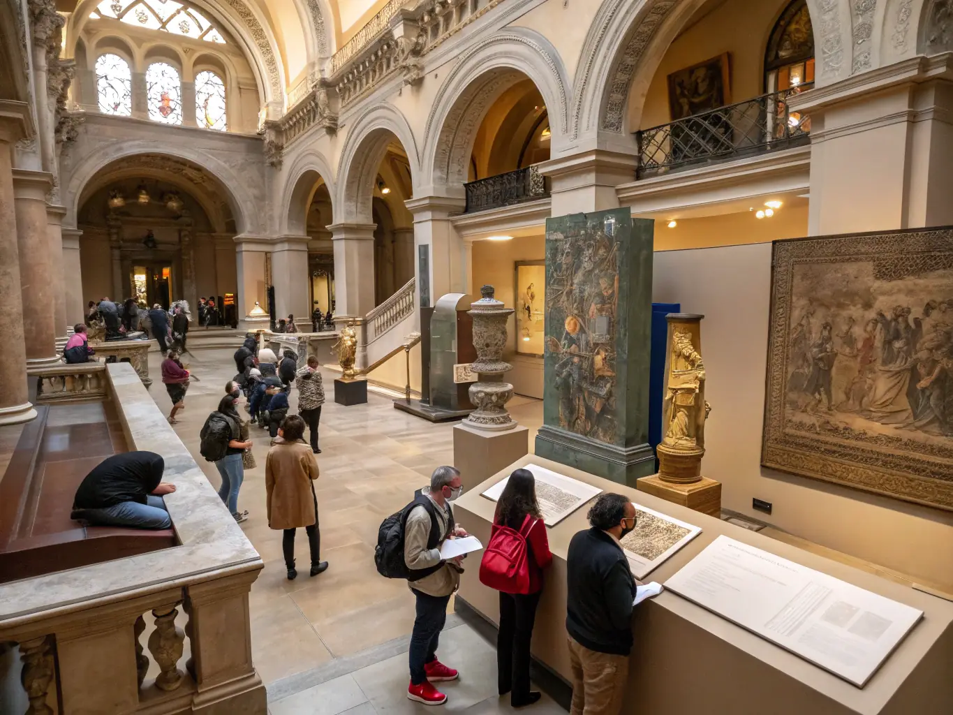 An engaging image of visitors exploring a historical exhibition with displays and interactive elements.