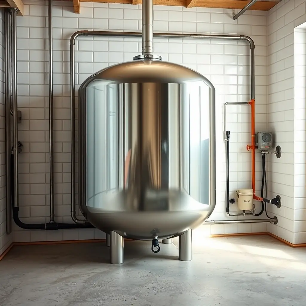 A newly installed, shiny oil tank in a clean, well-maintained basement, emphasizing the quality and professional installation. The setting should suggest a modern, efficient home.