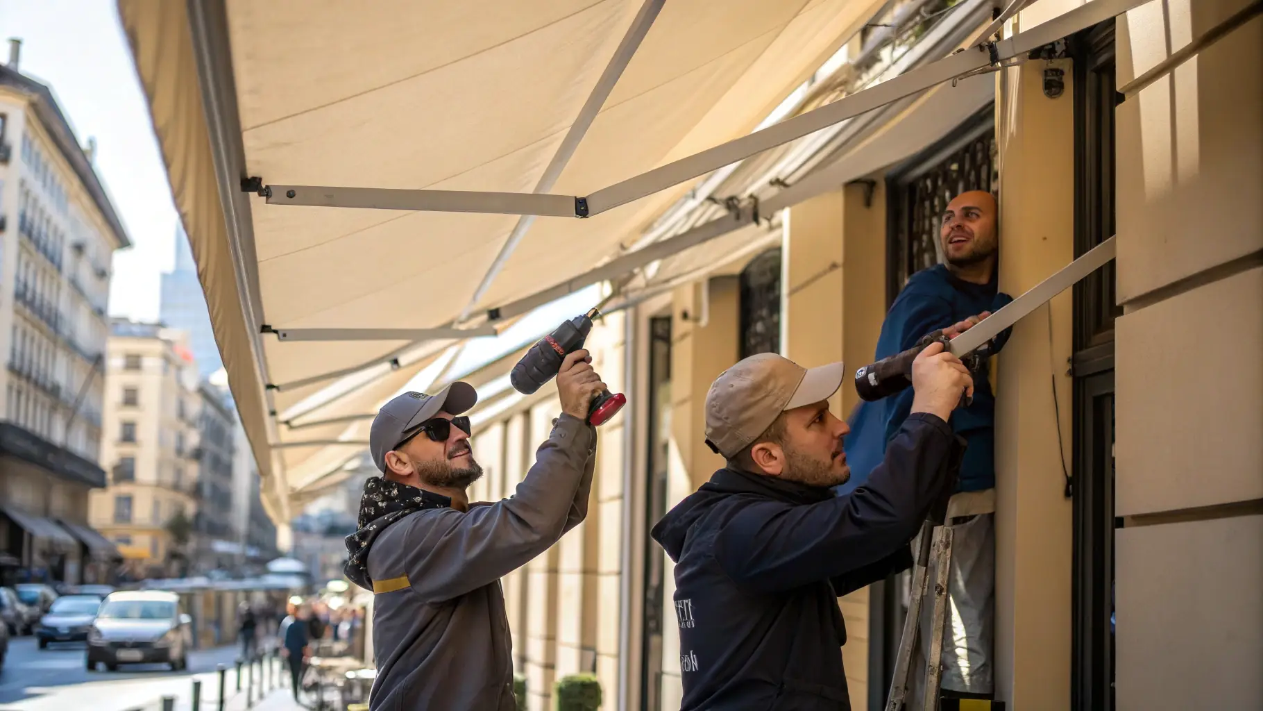 An image of a team installing a large-format graphic in a busy urban environment, emphasizing professionalism and scale.