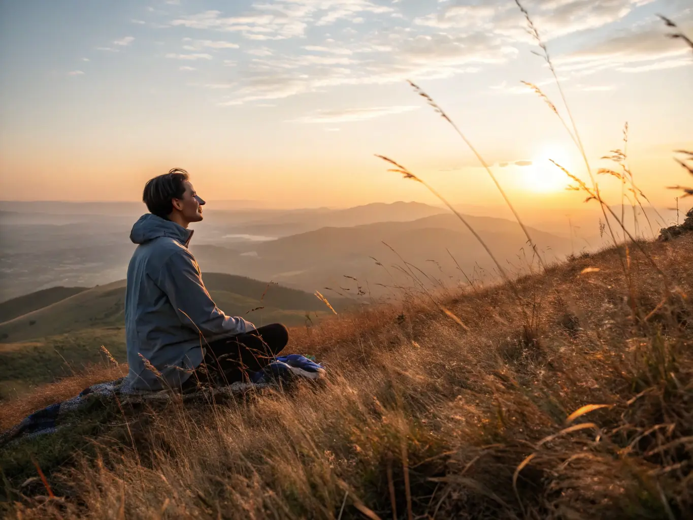 A person sitting in a meditative pose on top of a mountain, overlooking a vast landscape at sunset. The scene conveys peace, freedom, and connection with nature.