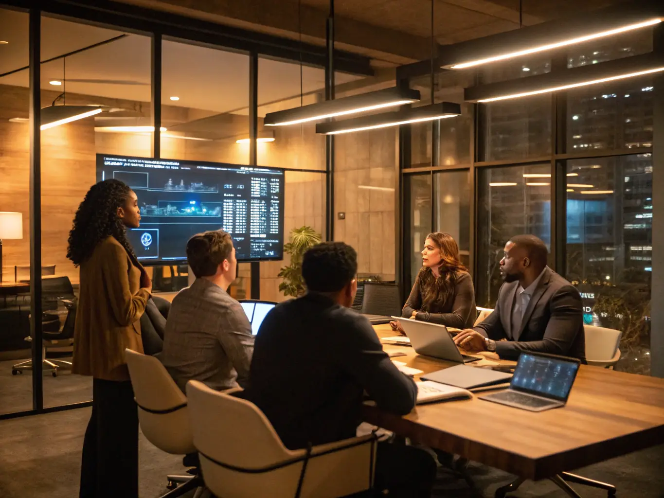 Visual of a strategic planning session with flowcharts, digital tools, and collaborative teams.